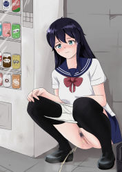 1girl absurdres black_footwear black_hair black_thighhighs blue_eyes blue_skirt blush bow bowtie breasts can censored drink drink_can highres long_hair medium_breasts panties panty_pull peeing pubic_hair pussy red_neckwear school_uniform shirt shoes short_sleeves skirt soda soda_can sparkle squatting steam sweat thighhighs underwear vending_machine wall white_panties white_shirt rating:Explicit score:15 user:cpee