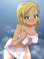  angol_mois awa blush breasts cleavage collarbone hair_ornament hairclip keroro_gunsou simple_background smile steam sweat towel wet yellow_eyes  rating:Questionable score:58 user:takuya_yagami