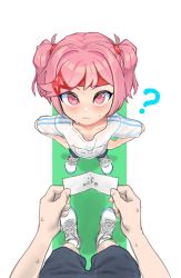  1boy 1girl ? blush doki_doki_literature_club flat_chest full_body gym_uniform headband hetero highres looking_at_viewer looking_up name_tag natsuki_(doki_doki_literature_club) petite pettankon pink_eyes pink_hair pov pov_crotch pov_hands protagonist_(doki_doki_literature_club) short_hair solo_focus spoken_question_mark sports_festival twintails white_background  rating:General score:167 user:danbooru