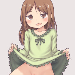  1girl aaaa_(quad-a) blush brown_eyes brown_hair censored clothes_lift collarbone dress dress_lift flat_chest green_dress grey_background loli long_hair long_sleeves looking_at_viewer no_panties open_mouth out-of-frame_censoring pussy pussy_peek smile standing 
