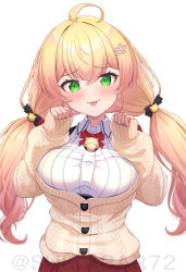  1girl ahoge blonde_hair blush clenched_hands commentary_request cosplay green_eyes hair_ornament highres hololive long_hair looking_at_viewer low_twintails momosuzu_nene sakura_miko sakura_miko_(casual) sakura_miko_(cosplay) smile solo suicabar72 tongue tongue_out twintails twitter_username virtual_youtuber white_background 