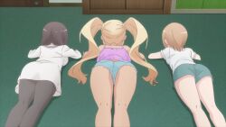  3girls ass highres lying multiple_girls on_floor on_stomach osonoi_maiko shorts sunohara_nana sunoharasou_no_kanrinin-san uchifuji_mea 