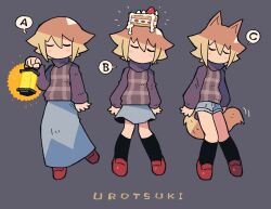  1girl absurdres animal_ears arms_at_sides black_socks blonde_hair blue_shorts blue_skirt blush_stickers brown_sweater cake cake_on_head cake_slice character_name closed_eyes commentary food grey_background hair_between_eyes hand_up highres holding holding_lantern kneehighs knees_together_feet_apart lantern loafers long_skirt long_sleeves miniskirt motion_lines multiple_views no_mouth notice_lines rariatto_(ganguri) red_footwear shoes short_hair short_shorts shorts simple_background skirt socks strawberry_shortcake sweater tail turtleneck urotsuki wolf_ears wolf_tail yume_2kki 