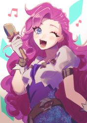  1girl gloves highres league_of_legends lipstick long_hair makeup microphone musical_note one_eye_closed pink_hair seraphine_(league_of_legends) wink  rating:Sensitive score:8 user:twilight_jester