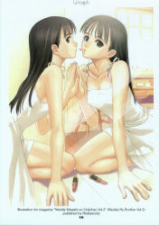1girl arm_support black_eyes black_hair bow breasts cleavage dress highres indoors jpeg_artifacts kiss kneeling leaning_forward lips lipstick long_hair looking_back makeup mirror reflection scan solo tony_taka watashi_no_oniichan rating:Sensitive score:24 user:Anonymous