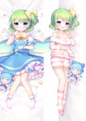  1girl :d bare_shoulders bed_sheet bloomers blue_eyes blue_hair blue_skirt blue_vest blue_wings blush bow breasts character_doll cirno cleavage closed_mouth coa_(chroo_x) collared_shirt commentary_request daiyousei dakimakura_(medium) fairy_wings frilled_shirt_collar frilled_skirt frills fur-trimmed_jacket fur_trim green_hair hair_bow highres jacket medium_breasts multiple_views no_shoes off-shoulder_jacket off_shoulder one_side_up open_mouth puffy_short_sleeves puffy_sleeves shirt short_sleeves shorts skirt smile socks star_(symbol) striped_clothes striped_jacket striped_shorts striped_socks touhou underwear vest white_bloomers white_shirt white_socks wings wrist_cuffs yellow_bow 