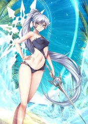 1girl adsouto blue_sky blush breasts casual_one-piece_swimsuit collarbone covered_navel day floating_hair frilled_swimsuit frills hair_between_eyes hair_ornament hand_on_own_hip high_ponytail highres holding holding_sword holding_weapon long_hair looking_at_viewer midriff navel one-piece_swimsuit outdoors palm_tree purple_one-piece_swimsuit revealing_clothes rwby scar scar_across_eye scar_on_face see-through sideboob silver_hair sky small_breasts solo sparkle standing stomach swimsuit sword tree very_long_hair weapon weiss_schnee rating:Questionable score:50 user:danbooru
