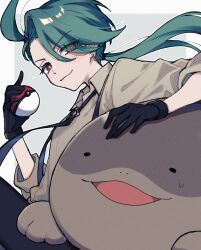  ahoge black_gloves black_pants blush clodsire closed_mouth collared_shirt creatures_(company) ear_piercing game_freak gloves green_hair grey_shirt hair_between_eyes hair_over_one_eye highres holding holding_poke_ball long_hair looking_at_viewer nekojiri nintendo open_mouth pants piercing poke_ball poke_ball_(basic) pokemon pokemon_(creature) pokemon_sv ponytail red_eyes rika_(pokemon) shirt simple_background smile solo sparkle suspenders two-tone_background 
