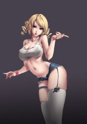1girl absurdres bad_id bad_pixiv_id blonde_hair blue_eyes breasts catherine catherine_(game) cleavage collarbone denim denim_shorts drill_hair garter_straps gradient_background highres large_breasts legs_together lips midriff navel oinari_risuru short_hair short_shorts shorts simple_background solo tank_top thigh_strap thighhighs tongue tongue_out twin_drills twintails white_thighhighs wristband rating:Sensitive score:105 user:danbooru