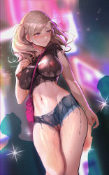1girl 7lark bag blush bodypaint breasts censored completely_nude exhibitionism hair_ornament hairclip handbag heart heart-shaped_pupils highres long_hair mosaic_censoring navel nipples nude outdoors painted_clothes persona persona_5 public_indecency pussy_juice smile solo symbol-shaped_pupils takamaki_anne twintails rating:Explicit score:263 user:danbooru