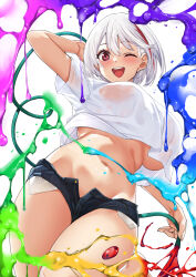  1girl absurdres blush breasts highres hose large_breasts looking_at_viewer multicolored_hair navel one_eye_closed open_mouth original paint_splatter red_eyes shirt short_hair shorts smile solo streaked_hair thighs tomohiro_kai underboob white_hair white_shirt 