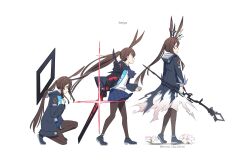 1girl age_progression amiya_(arknights) amiya_(guard)_(arknights) amiya_(medic)_(arknights) animal_ears anklet arknights ascot black_footwear black_jacket black_pantyhose blue_ascot blue_eyes blue_skirt brown_hair character_name floating_hair from_side full_body glint glowing glowing_sword glowing_weapon highres holding holding_staff hood hood_down hooded_jacket house_tag_denim jacket jewelry long_hair long_sleeves looking_ahead miniskirt multiple_views open_clothes open_jacket open_mouth pantyhose pleated_skirt ponytail profile rabbit_ears rabbit_girl shoes sidelocks simple_background skirt staff teeth thighlet tiara twitter_username very_long_hair weapon