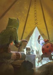  1girl boots crate facing_away felyne from_behind grimalkyne highres holding hood hood_up indoors knee_boots log long_sleeves monster_hunter_(series) monster_hunter:_world pouch pukei-pukei_(armor) sack sitting snow standing tent tunapon01  rating:Sensitive score:7 user:danbooru