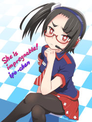  +_+ 1girl armband black_hair blue_shirt blush checkered_floor crossed_legs english_text frown glasses hand_on_own_chin headphones internet_positif ipo-chan looking_at_viewer meow_(nekodenki) necktie pantyhose personification plus_sign red_eyes red_skirt shirt side_ponytail sitting skirt solo striped symbol-shaped_pupils 