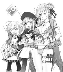  3girls absurdres ahoge artoria_caster_(fate) artoria_caster_(first_ascension)_(fate) artoria_caster_(second_ascension)_(fate) artoria_pendragon_(fate) beret bikini breasts craft_essence_(fate) earrings fate/grand_order fate_(series) flower fou_(fate) gameplay_mechanics gloves greyscale hair_flower hair_ornament hat highres jewelry kama_(fate) kama_(swimsuit_avenger)_(fate) kama_(swimsuit_avenger)_(second_ascension)_(fate) large_breasts long_hair mash_kyrielight monochrome multiple_girls one_eye_closed pantyhose pendant swimsuit thigh_strap twintails van_gogh_(fate) van_gogh_(sink_deeper)_(fate) waira yawning 