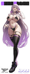  1girl :d absurdres alternate_costume bb_(fate) bikini black_bikini black_choker black_footwear black_thighhighs blush breasts bursting_breasts choker cleavage collarbone commentary_request deep_skin fate/extra fate/extra_ccc fate/grand_order fate_(series) full_body grey_eyes groin hair_ornament hair_ribbon highleg highleg_bikini highres hood hoodie huge_breasts large_breasts long_hair long_sleeves looking_at_viewer navel open_mouth purple_hair purple_ribbon reebok ribbon shoes skindentation smile sneakers solo standing stomach strap_pull sweater swimsuit thick_thighs thighhighs thighs underboob uo_denim very_long_hair whale_tail_(clothing) white_sweater wide_hips 