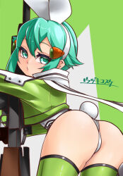  1girl adapted_costume animal_ears anti-materiel_rifle aqua_eyes artist_name ass bolt_action carrot_hair_ornament commentary_request food-themed_hair_ornament green_background green_eyes green_jacket grey_thighhighs gun hair_between_eyes hair_ornament jacket leotard looking_at_viewer pgm_hecate_ii playboy_bunny rabbit_ears rabbit_tail rifle scarf sinon sniper_rifle solo sword_art_online tail thighhighs two-tone_background udukikosuke weapon white_leotard white_scarf 