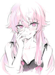  1girl :q bare_arms bare_shoulders blush bow breasts collarbone gasai_yuno hair_between_eyes hair_bow hand_up highres long_hair mirai_nikki pink_bow pink_hair small_breasts smile solo tokkyu tongue tongue_out twintails upper_body yandere yandere_trance 