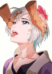  1girl bad_id bad_pixiv_id blue_eyes character_request collarbone eyelashes fingernails flower hair_flower hair_ornament hands_on_another&#039;s_head head_grab highres looking_up mile_(lancermoon) nose open_mouth original pink_flower pink_lips saliva saliva_trail short_hair silver_hair simple_background solo sweat tearing_up tears teeth tongue tongue_out upper_body upper_teeth_only veins white_background 