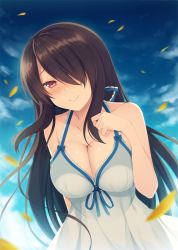 1girl aotsu_karin arm_behind_back bad_id bad_pixiv_id bare_arms bare_shoulders black_hair blue_dress blue_ribbon blue_sky blush breasts cleavage closed_mouth collarbone commentary_request day dress hair_over_one_eye hand_on_own_chest large_breasts long_hair looking_at_viewer nose_blush original outdoors petals purple_eyes revision ribbon sky sleeveless sleeveless_dress smile solo sundress upper_body very_long_hair rating:Sensitive score:12 user:danbooru