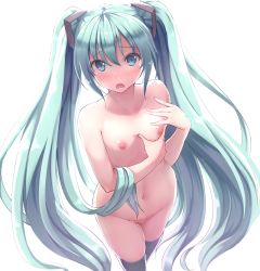  1girl :o absurdres aqua_eyes aqua_hair blush breasts collarbone cowboy_shot embarrassed eyebrows from_above hair_between_eyes hair_ornament hairclip hatsune_miku highres long_hair looking_at_viewer looking_up navel nicoby nipples nude oekaki open_mouth panties simple_background small_breasts solo stomach tareme thighhighs transparent_background twintails underwear very_long_hair vocaloid walking  rating:Questionable score:61 user:danbooru