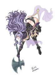  1girl armor armored_boots armored_corset artist_name ass attack autumn-sacura axe back bent_over black_armor black_footwear black_panties black_tiara boots breastplate breasts butt_crack camilla_(fire_emblem) capelet fire_emblem fire_emblem_fates gloves gold_trim hair_over_one_eye highres holding holding_axe holding_weapon intelligent_systems large_breasts lips loincloth long_hair mature_female metal_boots nintendo no_background panties parted_lips purple_hair red_eyes smug solo thick_thighs thigh_boots thighhighs thighs tiara underwear vambraces wavy_hair weapon  rating:Sensitive score:16 user:WashiZ