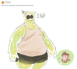  2boys =_= alternate_skin_color bara big_belly colored_skin doug_(monster_prom) fanning_face fat fat_man green_skin handheld_electric_fan highres hot male_focus monster_boy monster_prom multiple_boys nifast_(greentail) obese object_through_head puffy_chest scott_howl see-through short_shorts shorts slime_boy solo_focus sweat sword_in_head tank_top tareme very_sweaty white_tank_top 