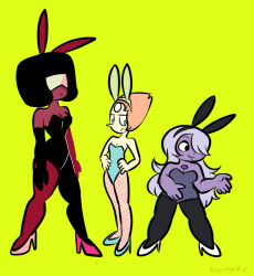 3girls afro amethyst_(steven_universe) blush blush_stickers breasts cartoon_network dark-skinned_female dark_skin garnet_(steven_universe) glasses green_background hair_over_one_eye high_heels isomaru leotard long_hair multiple_girls opaque_glasses pearl_(steven_universe) playboy_bunny plump short_hair simple_background small_breasts steven_universe very_long_hair  rating:Questionable score:12 user:duratote