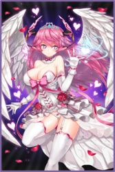  1girl artist_request blue_eyes breasts cleavage demon_girl dress elbow_gloves feathered_wings garter_straps gloves hand_up heart large_breasts leg_up lilith lowres petals pink_hair soccer_spirits solo source_request standing standing_on_one_leg thighhighs tiara white_dress white_gloves white_thighhighs wings 