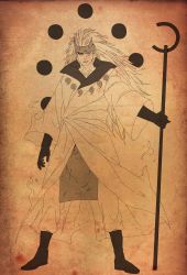  1boy absurdres flat_color full_body gradient_background highres male_focus monochrome naruto naruto_(series) solo tagme uchiha_madara  rating:Questionable score:1 user:KAAZUMA
