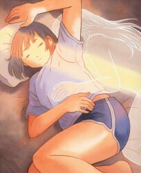  2girls arm_up bed bed_sheet blue_shirt blue_shorts brown_hair ghost hand_on_another&#039;s_stomach heikala highres indoors light_rays lying multiple_girls on_bed on_side original pillow see-through_body shirt short_hair short_shorts shorts squinting sunbeam sunlight translucent_hair 