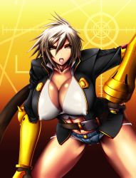  1girl black_jacket blazblue breasts buckle bullet_(blazblue) cleavage cowboy_shot cutoffs denim denim_shorts covered_erect_nipples fingerless_gloves gauntlets gloves gluteal_fold hand_on_own_hip highres huge_breasts jacket leaning_forward looking_at_viewer merlyn navel open_mouth platinum_blonde_hair puffy_nipples scar short_hair shorts solo thighs yellow_eyes 