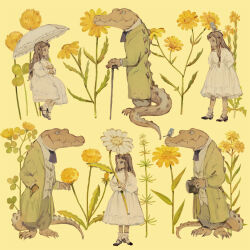  1girl animal animal_on_head ascot bird bird_on_head black_ascot black_footwear black_hat blue_bird blue_eyes brown_hair cane clothed_animal coat collared_dress collared_shirt commentary crocodile crocodilian daisy dandelion dress english_commentary floral_background flower frilled_dress frilled_umbrella frills green_coat green_eyes grey_pants hands_on_own_hips hat highres holding holding_cane holding_clothes holding_flower holding_hat holding_umbrella layered_sleeves long_hair long_sleeves mary_janes medium_dress multiple_views on_head original oversized_flower pants parasol puffy_long_sleeves puffy_sleeves sharp_teeth shirt shoes simple_background single_sidelock sitting slit_pupils socks standing sunflower teeth tono_(rt0no) top_hat umbrella wavy_hair white_dress white_flower white_shirt white_socks white_umbrella yellow_background yellow_flower 