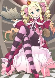 10s 1girl beatrice_(re:zero) blonde_hair blue_eyes book butterfly-shaped_pupils chair crossed_legs crown curly_hair dress highres holding legs long_hair mary_janes momio open_mouth pantyhose re:zero_kara_hajimeru_isekai_seikatsu red_dress ribbon shoes sitting solo striped_clothes striped_pantyhose symbol-shaped_pupils twintails rating:Sensitive score:31 user:danbooru