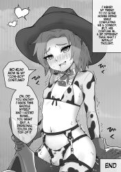  1boy absurdres animal_print bell blush bulge choker collarbone commentary cosplay covered_erect_nipples cow_print cowbell cowboy cowboy_hat cowboy_shot crossdressing drooling english_commentary english_text eyelashes forehead freckles furrowed_brow garter_straps gloves greyscale hashite_a hat heart heart-shaped_pupils highres holding inktober long_sleeves looking_at_viewer male_focus monochrome navel nose_blush original saddle shaking short_hair sitting speech_bubble sweatdrop symbol-shaped_pupils thighhighs thong thong_bulge trap twitching western  rating:Questionable score:22 user:danbooru