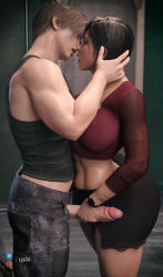  1boy 1girl ada_wong ass ass_grab black_hair black_skirt breasts brown_hair capcom cga3d choker curvy erection hetero highres huge_ass huge_breasts imminent_penetration interracial large_breasts leon_s._kennedy medium_hair muscular muscular_male penis_grab resident_evil resident_evil_2 skirt standing they_had_lots_of_sex_afterwards thick_thighs thighs train train_interior 