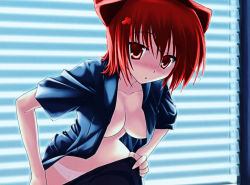  animal_ears blue_shirt blush breasts cat_ears cleavage dressing neko-chan no_bra open_clothes open_shirt panties pantyhose red_eyes red_hair shirt surprised third-party_edit underwear  rating:Questionable score:10 user:Darkneko07