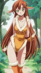  animal_ears boots closed_mouth code_geass code_geass:_nunnally_in_wonderland forest fur_leotard fur_trim gluteal_fold highres leotard nature official_alternate_costume shirley_fenette smile thigh_boots  rating:General score:14 user:OmegaConvoy1995
