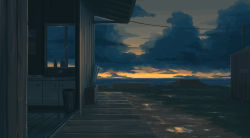 absurdres building cloud cloudy_sky commentary_request dark_clouds highres house kitchen morning no_humans okayuu original outdoors power_lines scenery sink sky utility_pole wooden_floor rating:General score:10 user:danbooru
