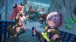  1boy 3girls animal_ears bare_shoulders black_gloves black_ribbon black_shorts black_thighhighs blush breasts character_request cleavage closed_eyes clothing_cutout gloves grey_hair hair_ornament hair_ribbon headphones highres holding large_breasts long_hair long_sleeves lying micro_shorts mikan03_26 multiple_girls navel on_stomach open_mouth orange_eyes outdoors red_hair ribbon short_hair shorts shoulder_cutout single_thighhigh smile spray_can thighhighs thighs torn_clothes torn_thighhighs zenless_zone_zero 