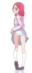  1girl akinbo_(hyouka_fuyou) ass blue_skirt brown_footwear clothes_lift from_behind full_body hair_ornament hairclip highres hugtto!_precure kneehighs kneepits loli long_hair long_sleeves looking_at_viewer looking_back nono_hana panties pink_eyes pink_hair pink_shirt precure school_uniform serafuku shirt shoes simple_background skirt skirt_lift socks solo standing suspender_skirt suspenders underwear upskirt white_background white_socks x_hair_ornament  rating:Questionable score:16 user:loli_snapper