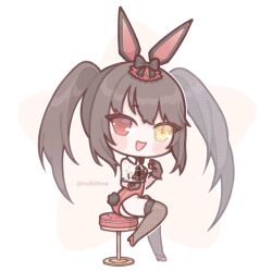  1girl alcohol black_hair champagne chibi clock_eyes cup date_a_live drinking_glass garter_straps gloves heterochromia high_heels highres leotard looking_at_viewer open_mouth playboy_bunny rabbit_tail red_eyes smile solo symbol-shaped_pupils tail tokisaki_kurumi tsukimi_hya_(artist) twintails yellow_eyes 