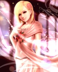  1girl blonde_hair brown_eyes cake_(nico_seiga) cake_(nicoseiga) dress eve_brea flower hair_flower hair_ornament hand_on_own_chest highres light_smile looking_at_viewer parasite_eve parasite_eve_the_3rd_birthday rikku_(cake) smile solo  rating:Sensitive score:14 user:danbooru