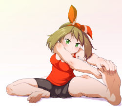  10s 1girl alternate_color bad_id bad_pixiv_id bare_legs barefoot bike_shorts blush bow breasts brown_hair cameltoe cleavage creatures_(company) dated dorsiflexion feet foot_focus full_body game_freak gradient_background green_eyes hair_bow hair_ribbon hairband hands_on_feet legs looking_at_viewer may_(pokemon) may_(pokemon_oras) nintendo pokemon pokemon_oras ribbon shiny_skin sitting sketch soles solo spread_legs stretching sweat toes yume_no_tanuki  rating:Questionable score:157 user:danbooru