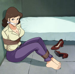  absurdres arms_behind_back barefoot bdsm bondage bound bound_ankles bound_arms breasts brown_eyes brown_hair cleavage cleave_gag cloth_gag gag gagged highres improvised_gag large_breasts lost_one_zero lupin_iii mine_fujiko mole  rating:Sensitive score:8 user:CozyDragon