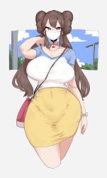  1girl absurdres bag blue_eyes breasts casual collar creatures_(company) doughnut_hair_bun game_freak hair_bun handbag highres large_breasts leebo_(leeboxxx) looking_at_viewer mask mouth_mask nintendo pokemon pokemon_bw2 raglan_sleeves rosa_(pokemon) simple_background skirt solo thick_thighs thighs twintails white_background yellow_skirt  rating:Sensitive score:114 user:danbooru