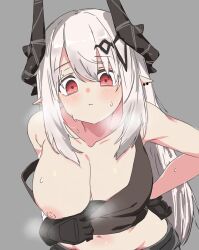  1girl alternate_costume arknights bare_shoulders black_gloves blush breasts cleavage closed_mouth clothes_pull collarbone from_above gloves grey_background grey_hair hand_on_own_hip highres horns large_breasts long_hair looking_at_viewer looking_up mudrock_(arknights) naizilao navel nipples one_breast_out pointy_ears pulled_by_self red_eyes shirt_pull sidelocks simple_background solo steaming_body sweat tank_top very_long_hair  rating:Questionable score:35 user:danbooru