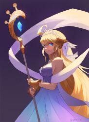  1girl ahoge bare_shoulders blonde_hair blue_dress blue_eyes closed_mouth commentary dragalia_lost dress english_commentary from_side hair_ribbon highres holding holding_staff long_hair looking_at_viewer purple_background ribbon sleeveless sleeveless_dress smile solo spiffydc staff tiara twitter_username very_long_hair white_ribbon zethia 