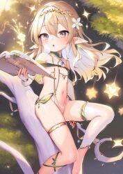  1girl :o blonde_hair blush book braid earrings elf flat_chest floating_hair flower grey_eyes hair_flower hair_ornament henreader holding holding_book holding_staff jewelry loli long_hair looking_at_viewer melonbooks nature navel original outdoors pointy_ears revealing_clothes single_earring single_thighhigh skindentation solo sparkle staff star_(symbol) thighhighs thighlet tiara tree webp-to-png_conversion  rating:Sensitive score:30 user:WinDGo