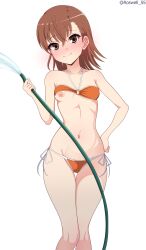  1girl absurdres bikini bikini_top_lift blush breasts brown_eyes brown_hair closed_mouth clothes_lift collarbone commentary_request cowboy_shot feet_out_of_frame gluteal_fold hand_on_own_hip highres holding holding_hose hose huge_filesize looking_at_viewer medium_hair misaka_mikoto navel nipples one_breast_out orange_bikini roswell_ss side-tie_bikini_bottom simple_background small_breasts smile solo standing swimsuit thigh_gap toaru_kagaku_no_railgun toaru_majutsu_no_index white_background  rating:Questionable score:13 user:danbooru